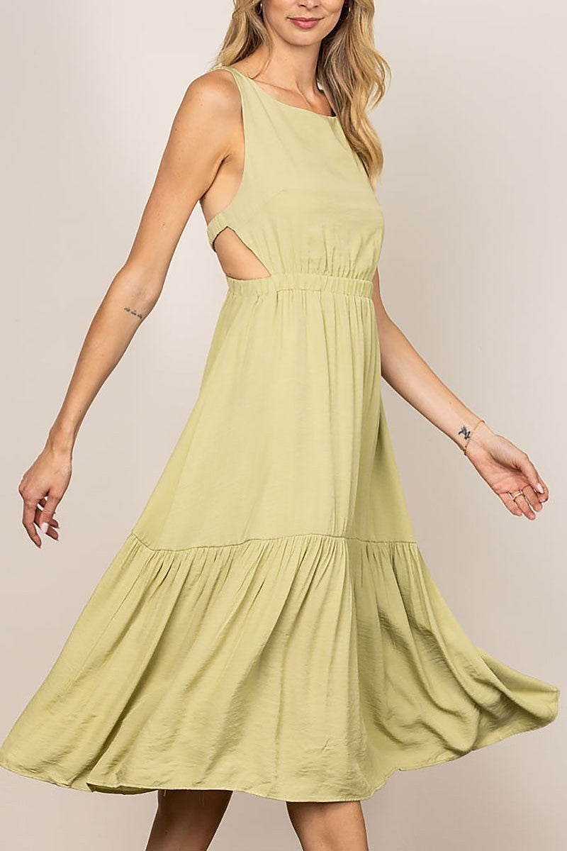 Cut-out waist open back ruffled hem midi dress (EDSW4281)