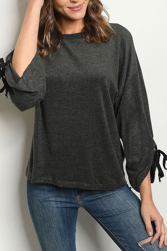 Tie sleeve crew neck loose fit top (ED7668-1)