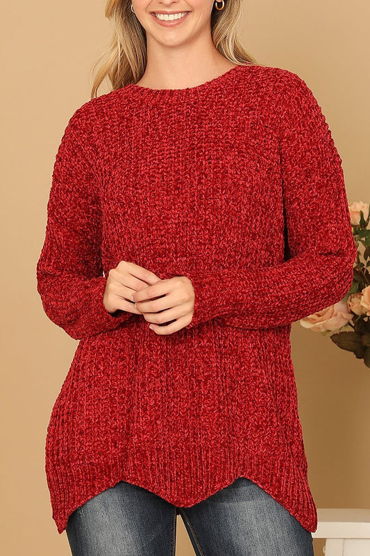 Round neck curved hem knit sweater (DGS6701-1)