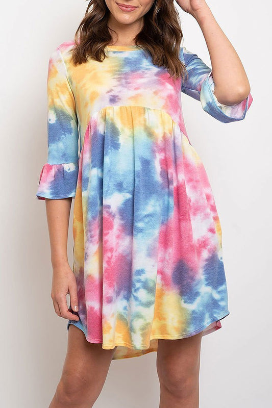 Tie dye ruffle sleeves tunic dress (EDWT2088)