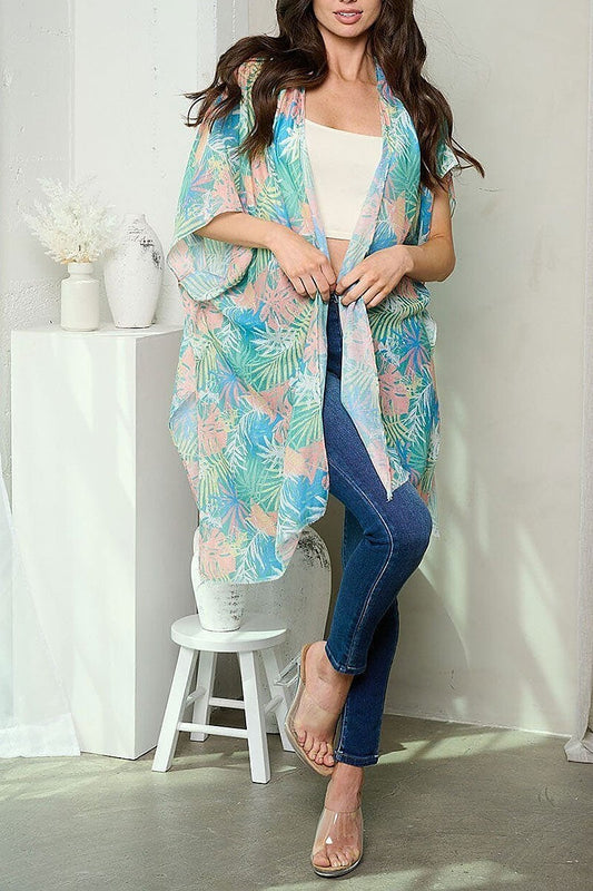 Short sleeve open front leaf print kimono (EGWT1037)