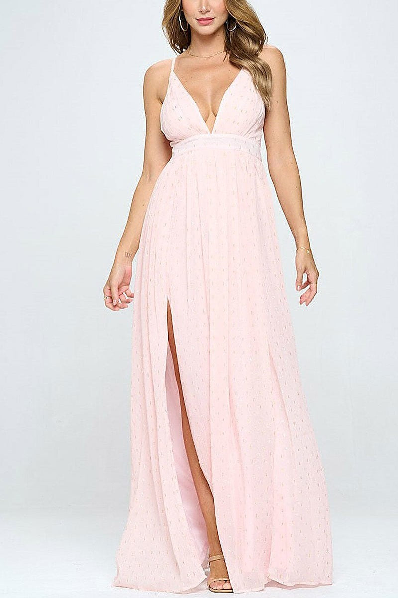 Sleeveless v-neck front slit shimmer maxi dress (EFWT7665)