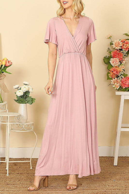 Bell sleeve surplice neck solid maxi dress (DED9446)