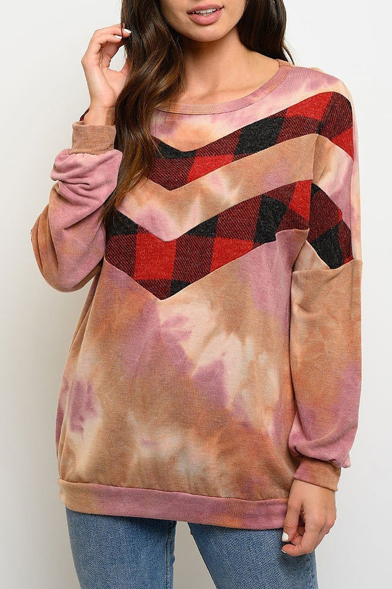 Plaid tie dye print long sleeve top (EDWT3298)