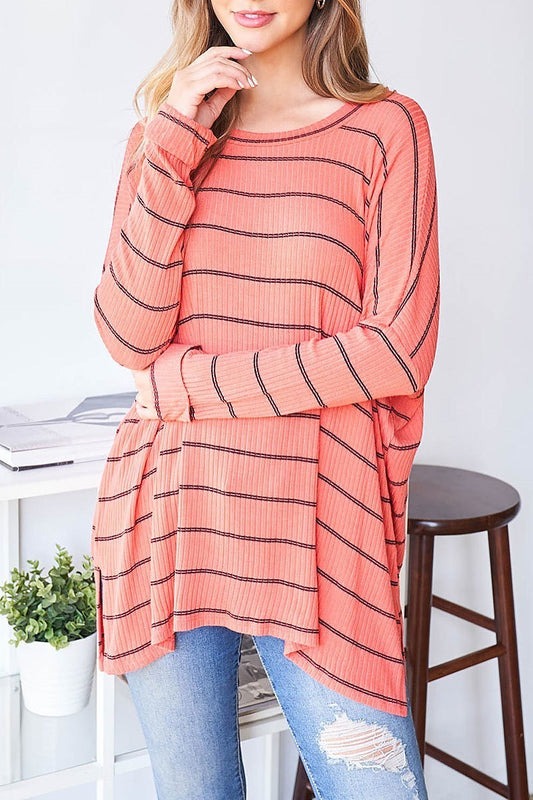 Boat neck stripe loose fit tunic top (EF2796)