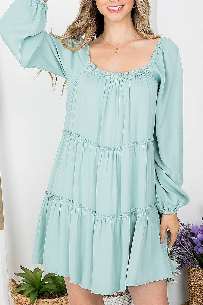 Square neck bubble sleeve tiered dress (DED7622)