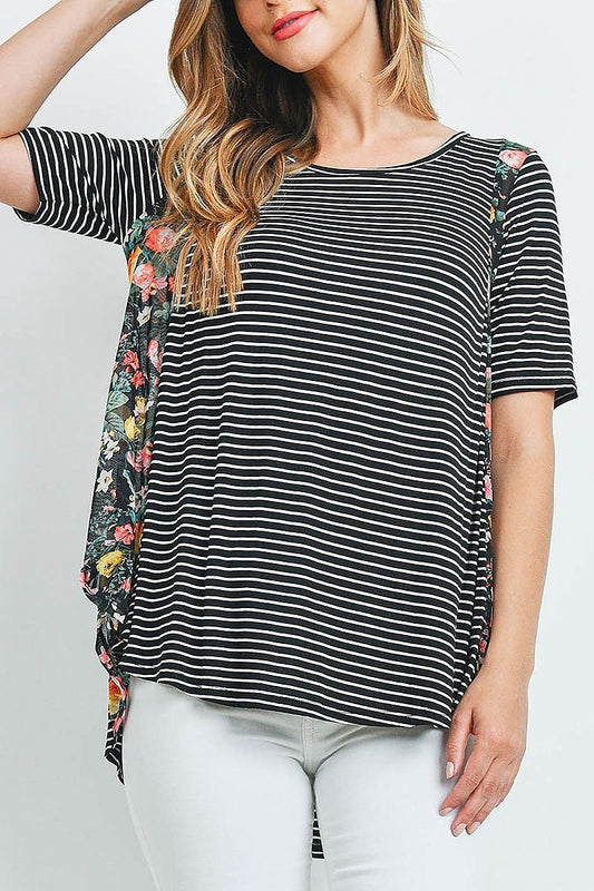 Floral print stripe color block top (ED9833)