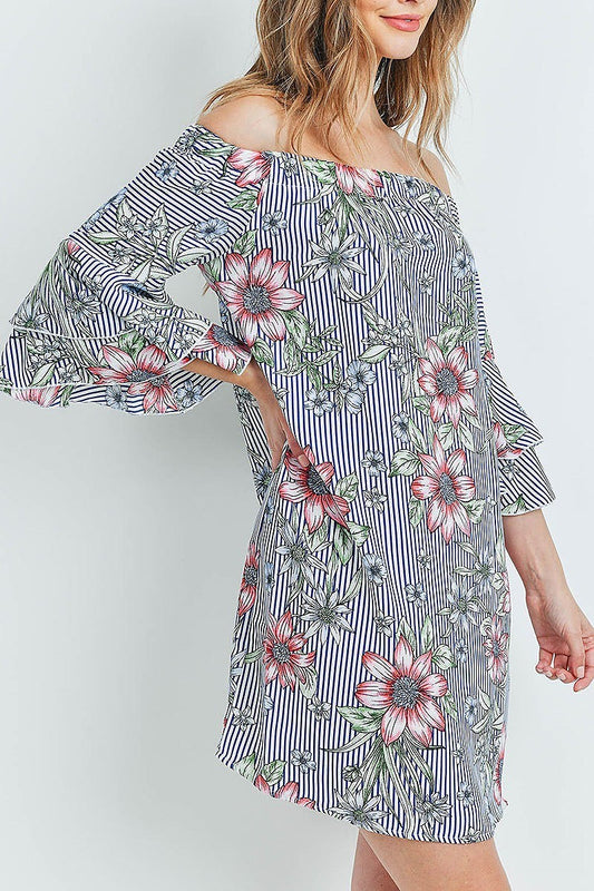 Off shoulder floral stripe bell sleeve dress (DED5820-LAST)