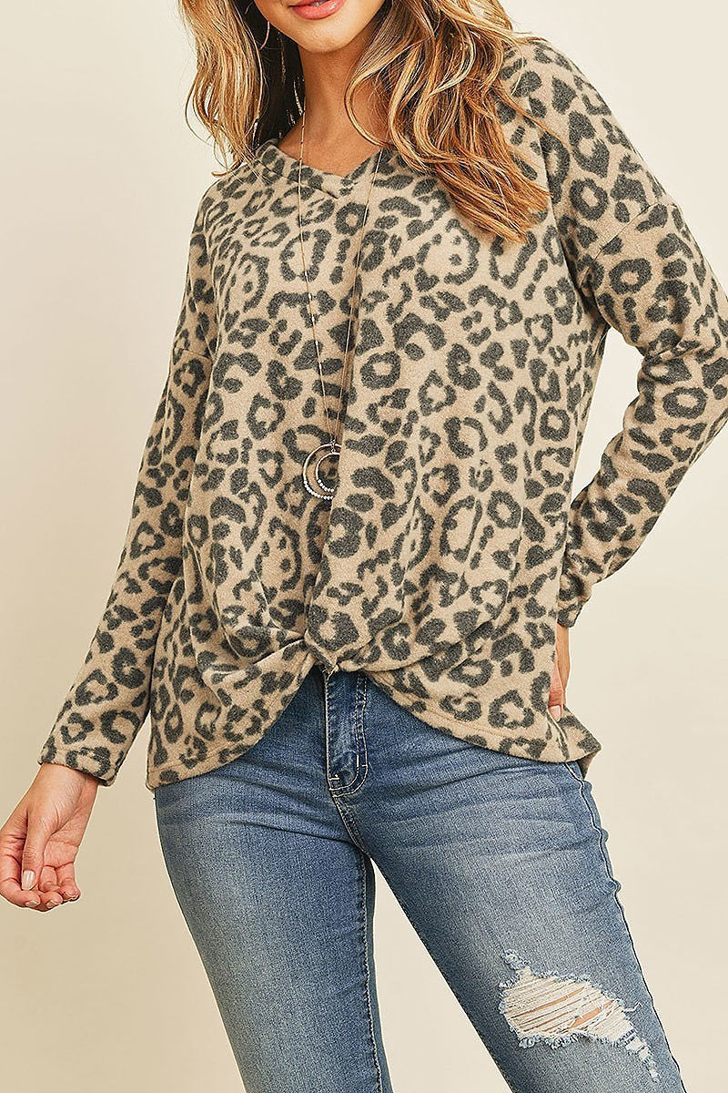 Leopard brushed long sleeve v neck knot top (ED8070)