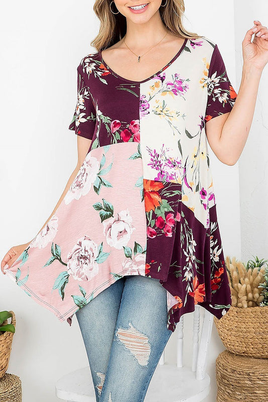 Floral print color block asymmetrical hem top (EF4307)