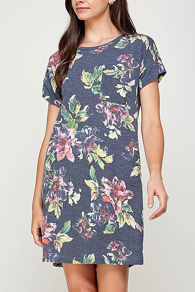 Round neck floral print pocket dress (DED6405)