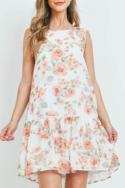 Floral print sleeveless ruffle hem dress lined (DED6298)