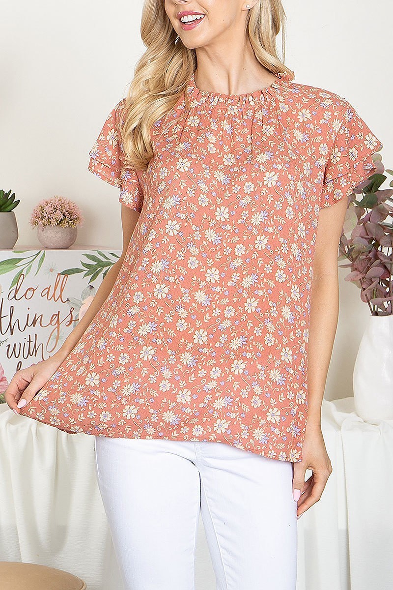 Floral printed neckline ruffle neckline top (EF5675)