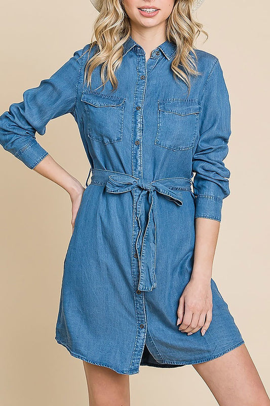 Chambray button-down collared dress with waist tie (EDH1633)