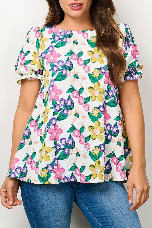 Short puff sleeve tunic floral blouse top (EFWT6579)