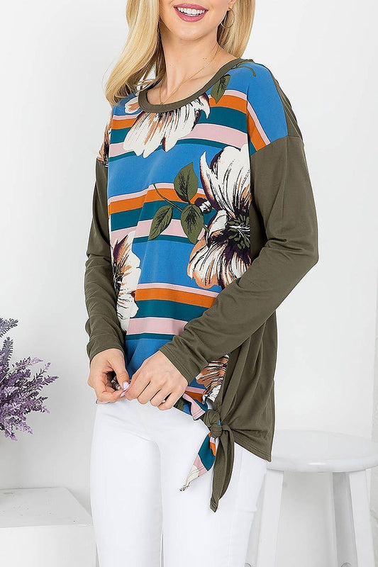 Stripe floral waist tie color block top (EF4154)