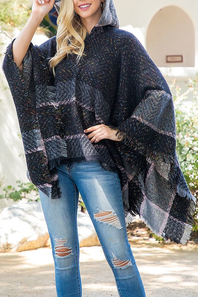 Warmer knitted border line hooded poncho (DGS5853)