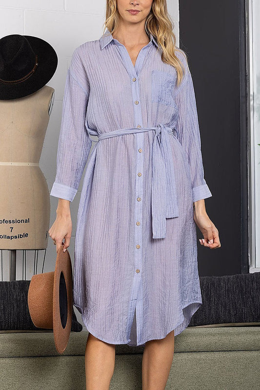 Collared linen long sleeves maxi dress (EDSW3878)