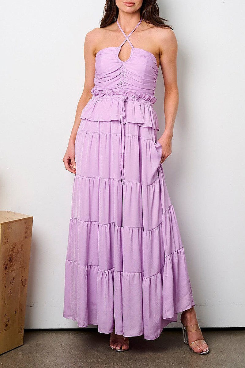 Halter neck ruffle tiered maxi dress (EFWT9073)