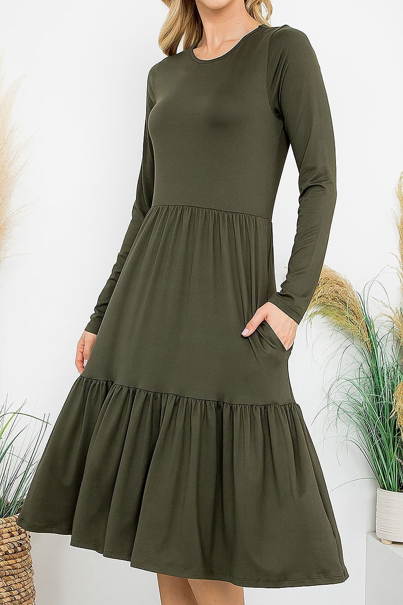 Solid long sleeve tiered pocket flare dress (DED8853)