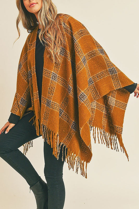 Fringe detail plaid pattern ruana kimono (DGS5732)