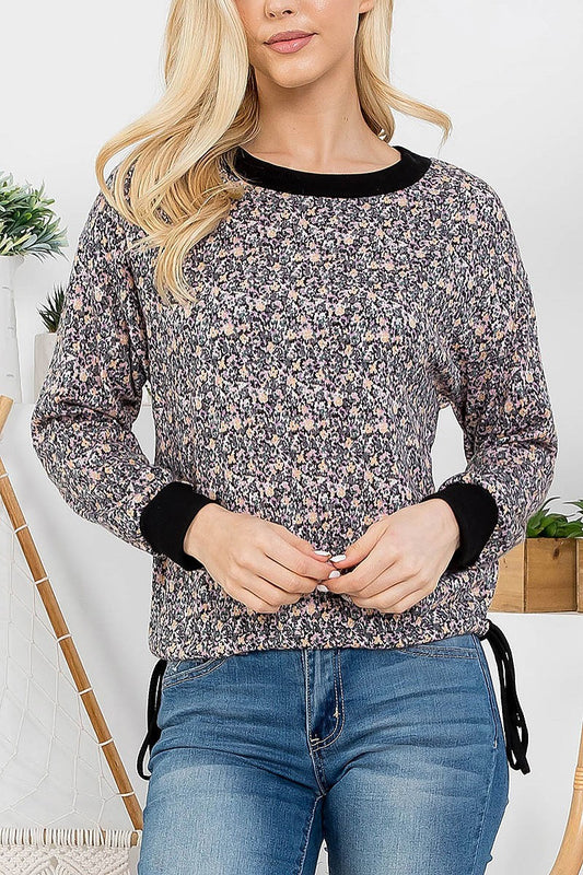 Waist tie floral print round neck top (EF3008)