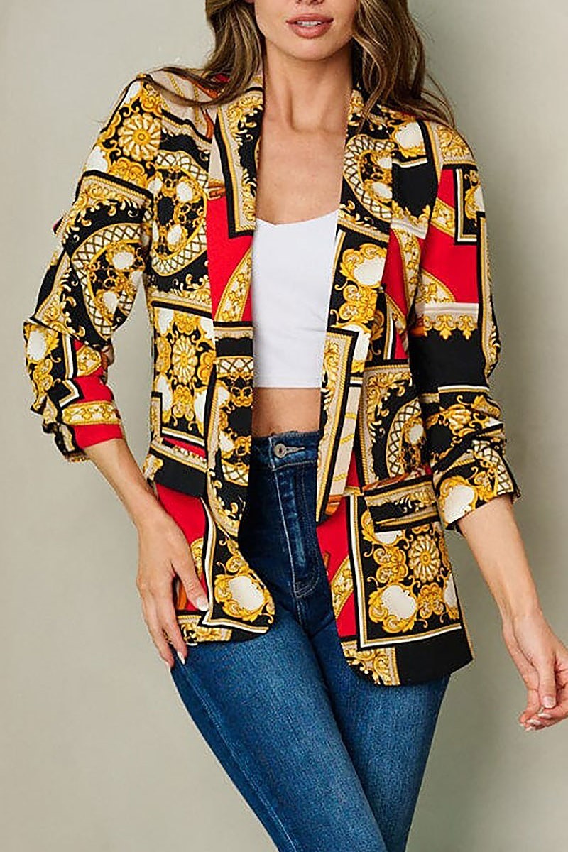 Quarter sleeve open front multi print blazer (EFWT2830)