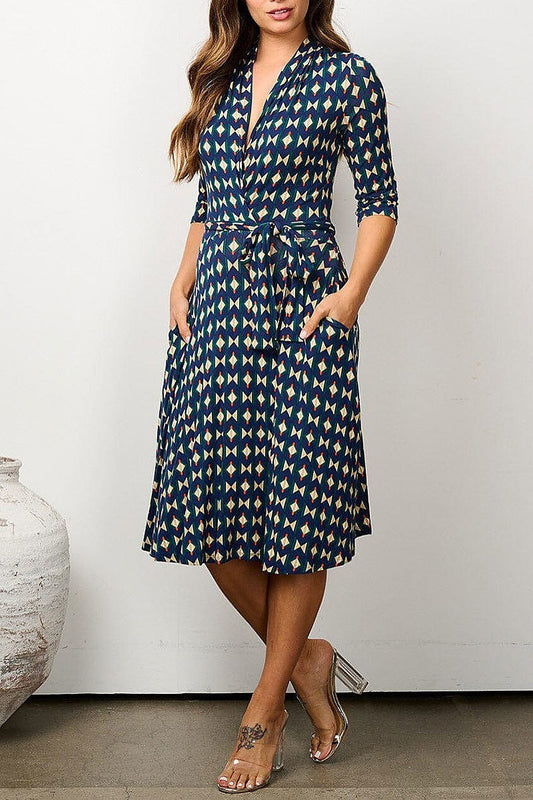 3/4 sleeve surplice pockets multi print midi dress (EFWT6699)