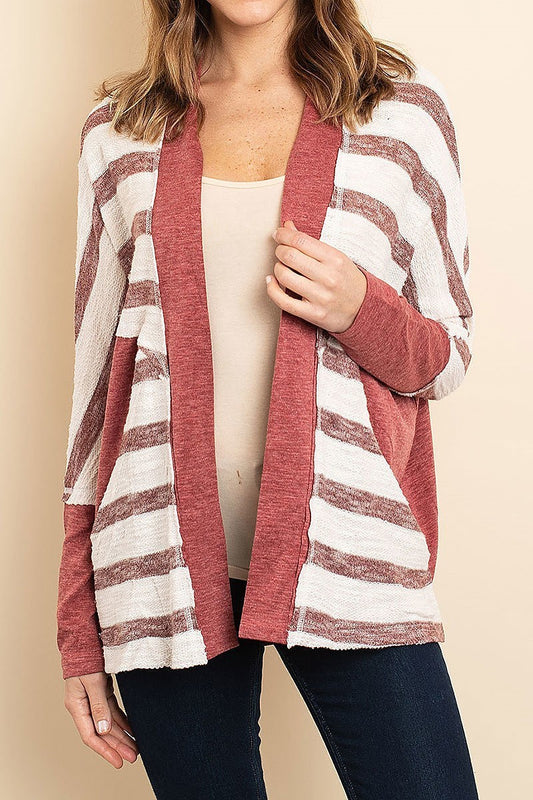 Long dolman sleeve open front stripe cardigan (DGS5007)