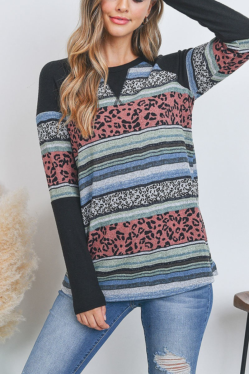 Multi color stripes leopard contrast top (EF2696)