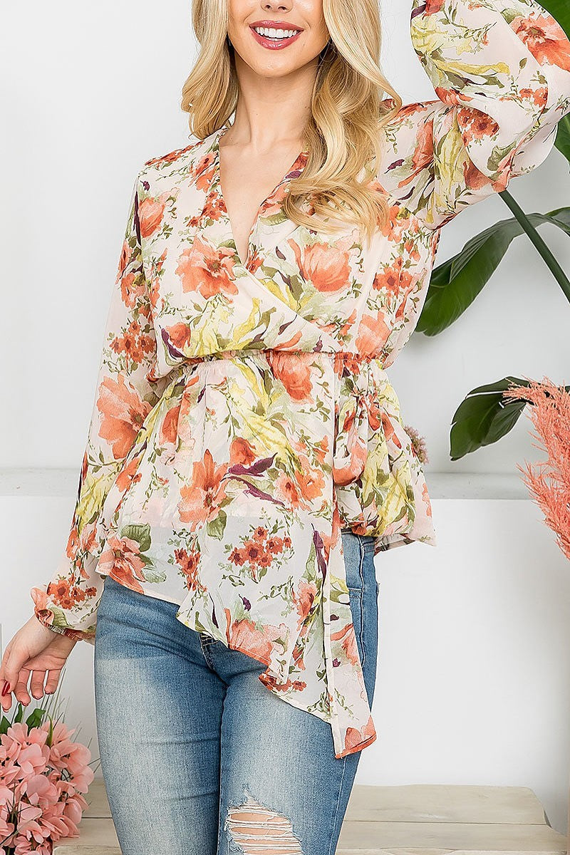 Floral surplice neckling elastic waist top (EF5087)