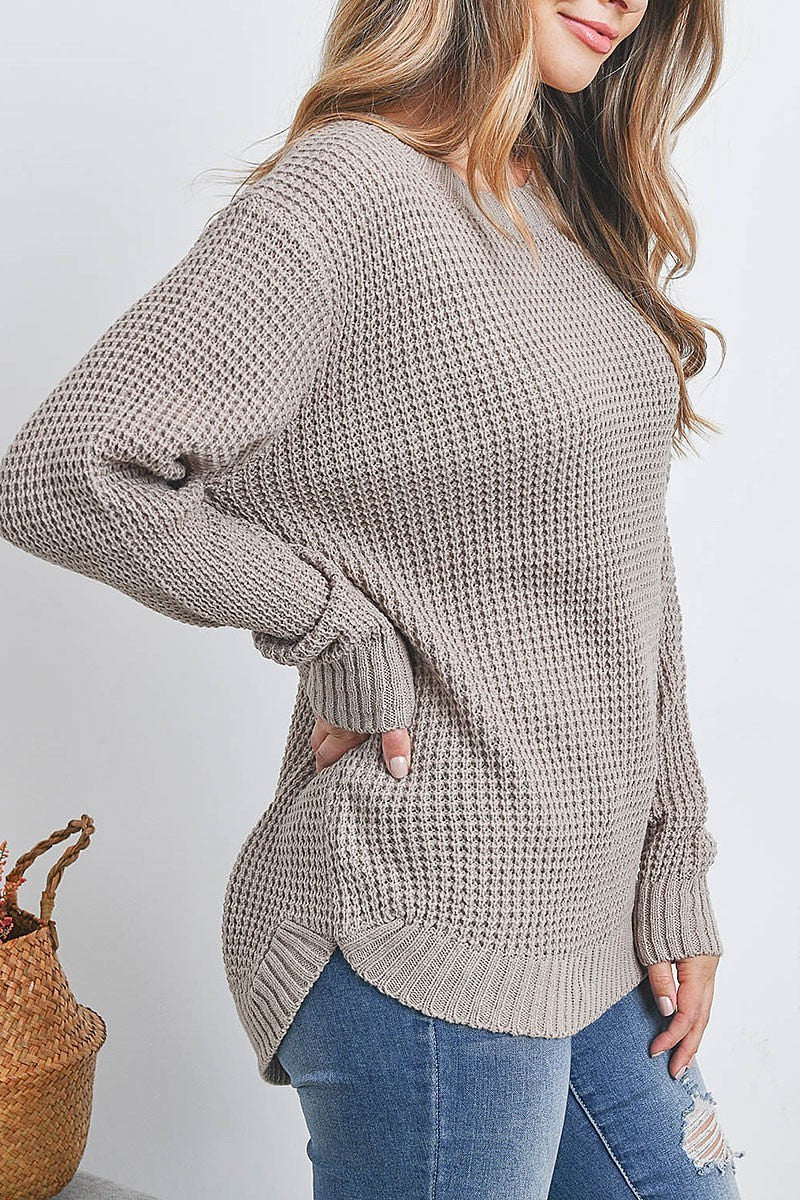 Hi low long sleeve round neck waffle sweater (DGS6739)