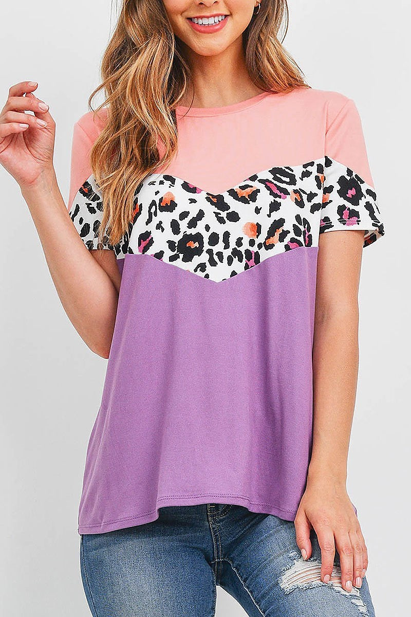 Chevron leopard color block top (EF1855)