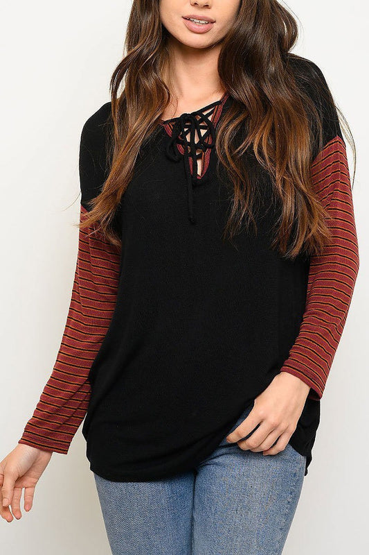 Long sleeve v neck lace up top (EDWT3525)