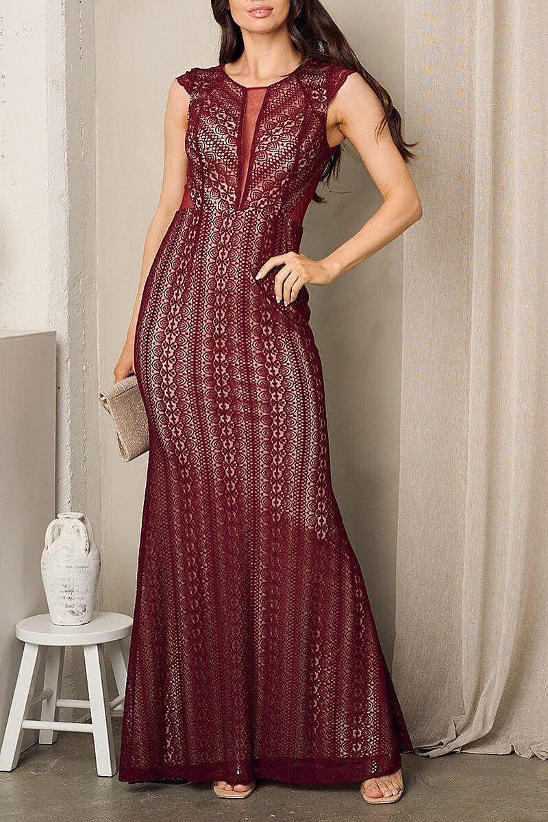 Sleeveless lace bodycon maxi gown dress (EFWT2414)