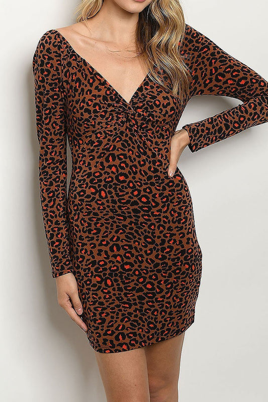 V neck twist front body con animal print dress (DED5439)