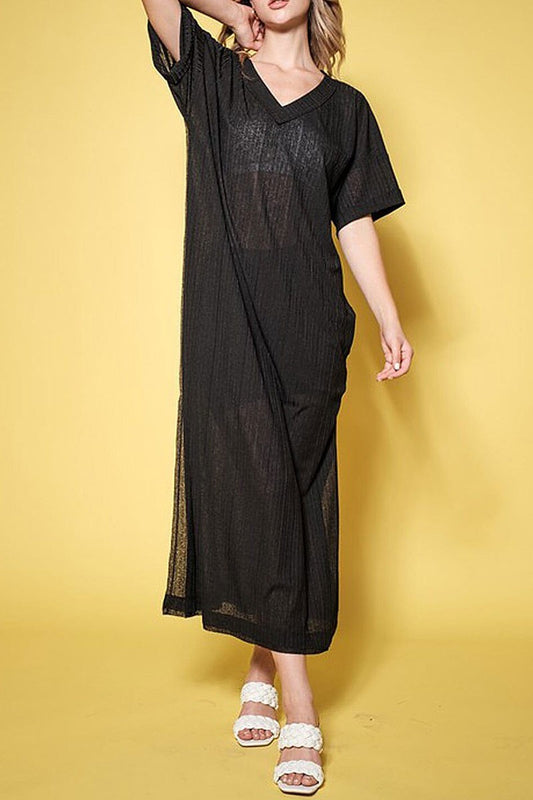 Short sleeve v-neck tunic ribbed maxi dress (EFWT9537)