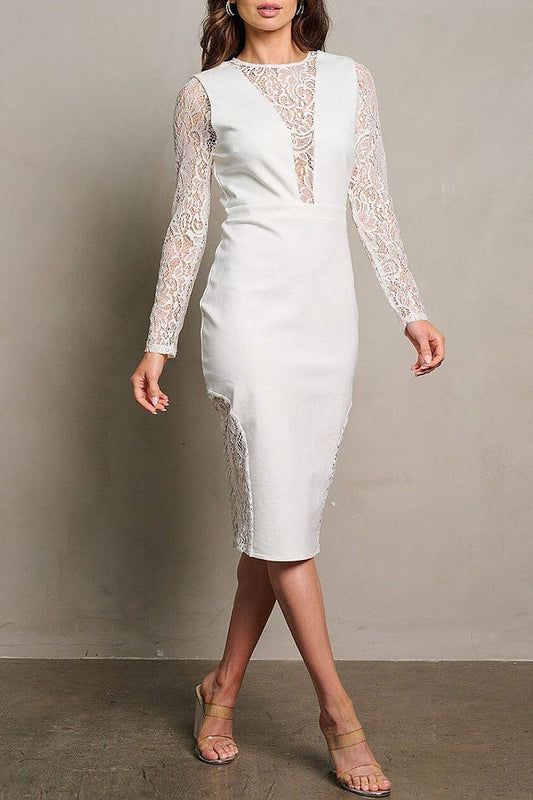 Long sleeve mesh lace detailed bodycon midi dress (EGWT1958)