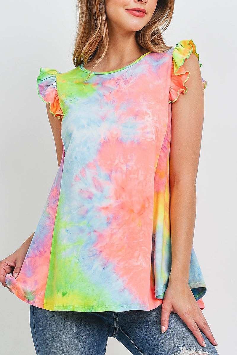 Ruffle cap sleeves tie dye top (EF1320)