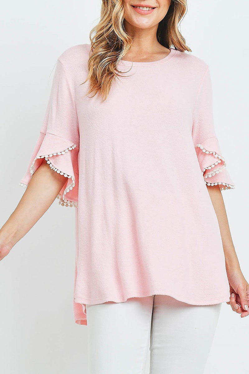 Pompom bell sleeves brushed top (ED9773)