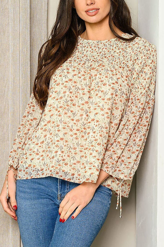 Quarter sleeve floral smock tunic top (EDWT8809)