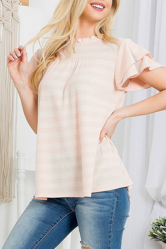 Merrow neck ruffle sleeve stripes top (EF3718)