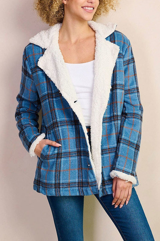 Pockets button closure plaid sherpa jacket (EFWT8557)