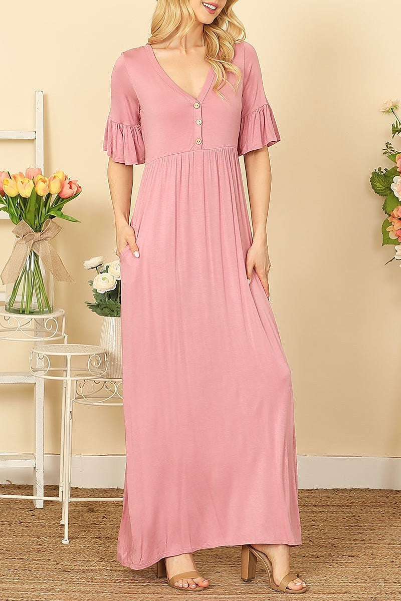 V-neck button detail side pocket solid maxi dress (DED9441)