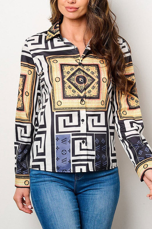 Long sleeve button up multi print blouse top (EFWT8713)