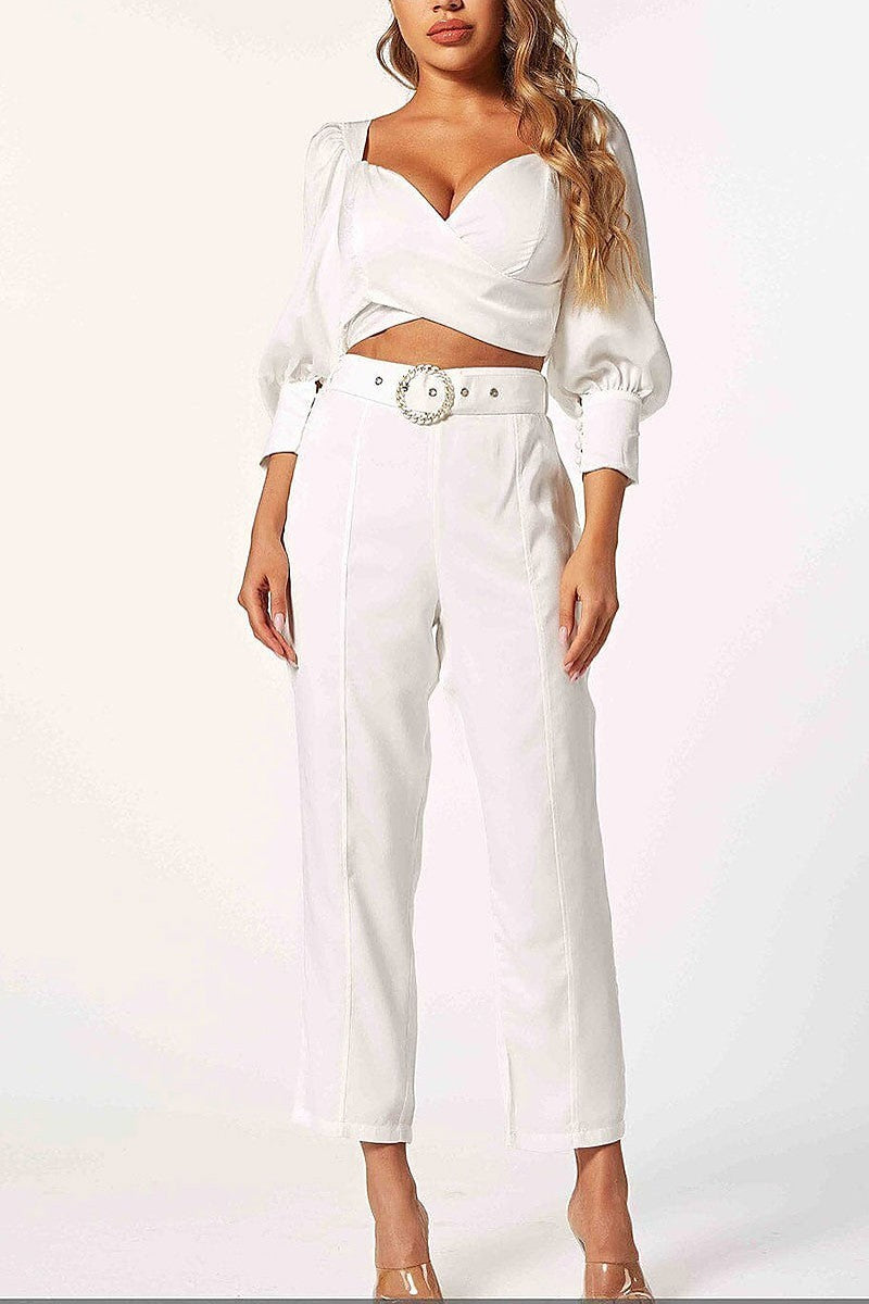 3/4 sleeve crop top & belted pants 2pc. set (EGWT1098)