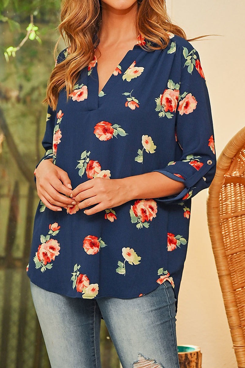 Roll up sleeve floral print v neck top (ED8085)