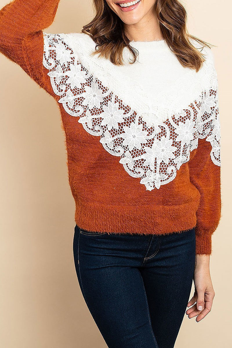 Lace trimmed color block fuzzy soft sweater (DGS4972)