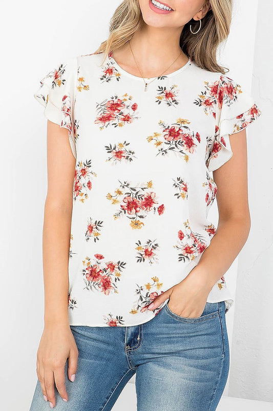 Ruffle sleeve round neck floral blouse (EF4371)