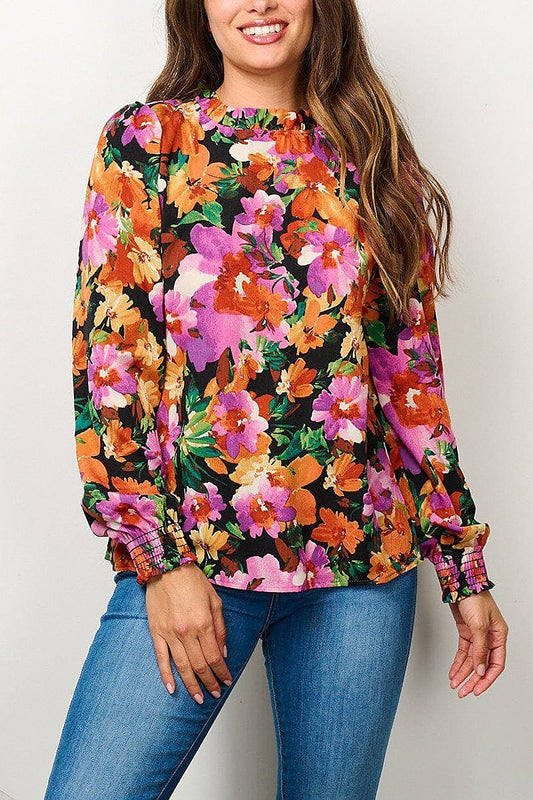 Long sleeve mock neck floral blouse top (EFWT6667)